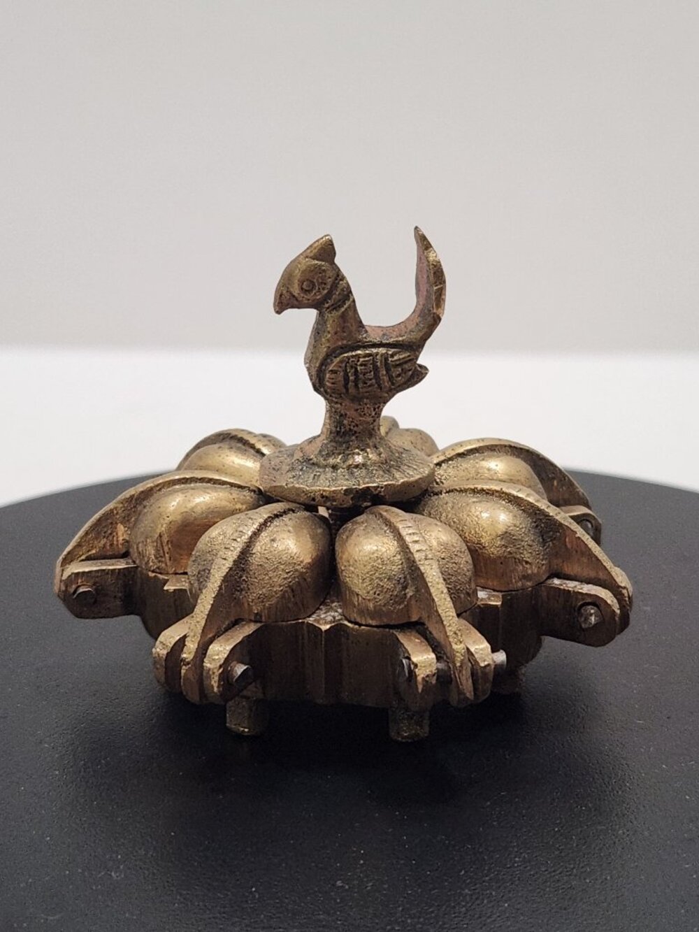 Vintage Indian Kankavati (Kumkum Box) 7 Compartments Lotus Shaped Peacock Finial